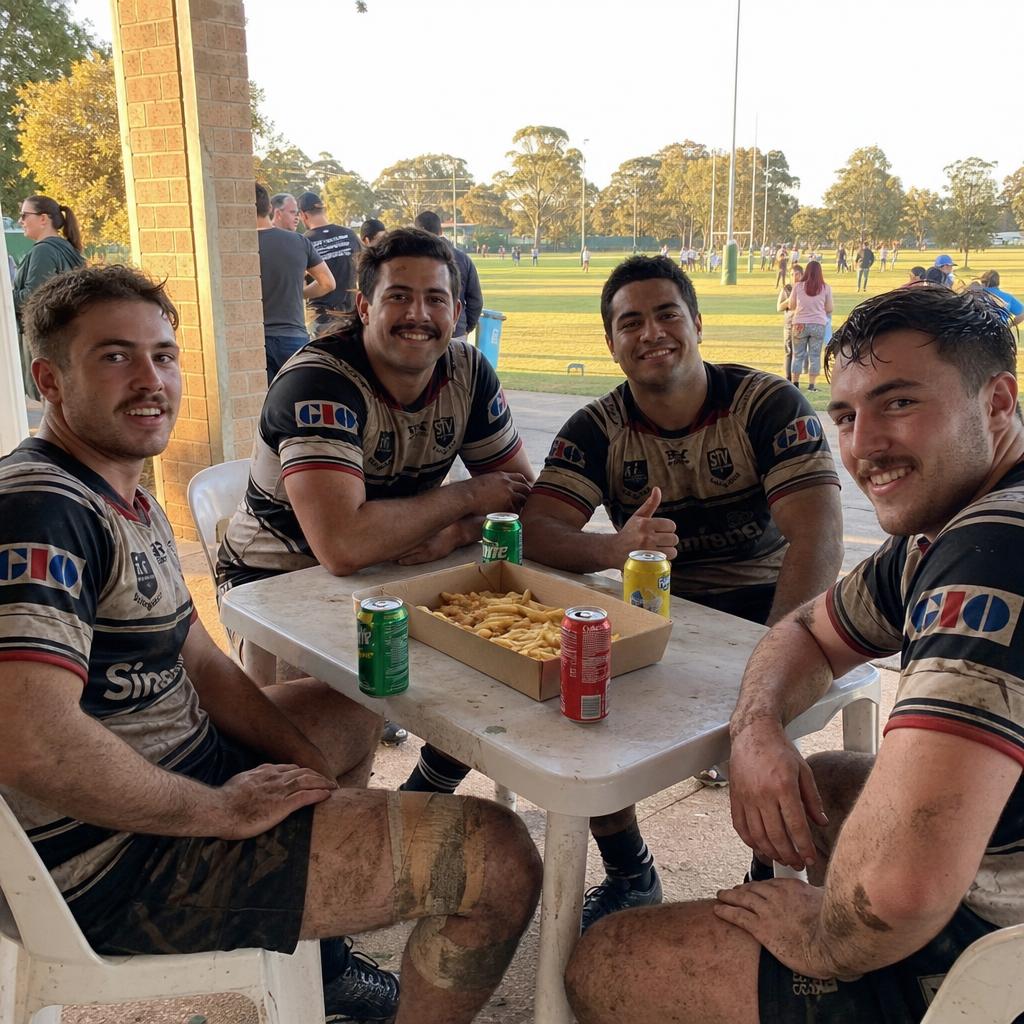 Sports club players and supporters gathered around chip trays