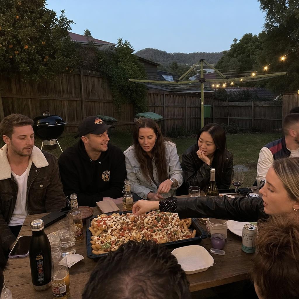 Friends at a backyard private party sharing loaded chips