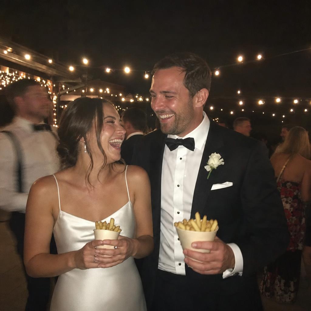 Late-night wedding chip bar with guests in formalwear